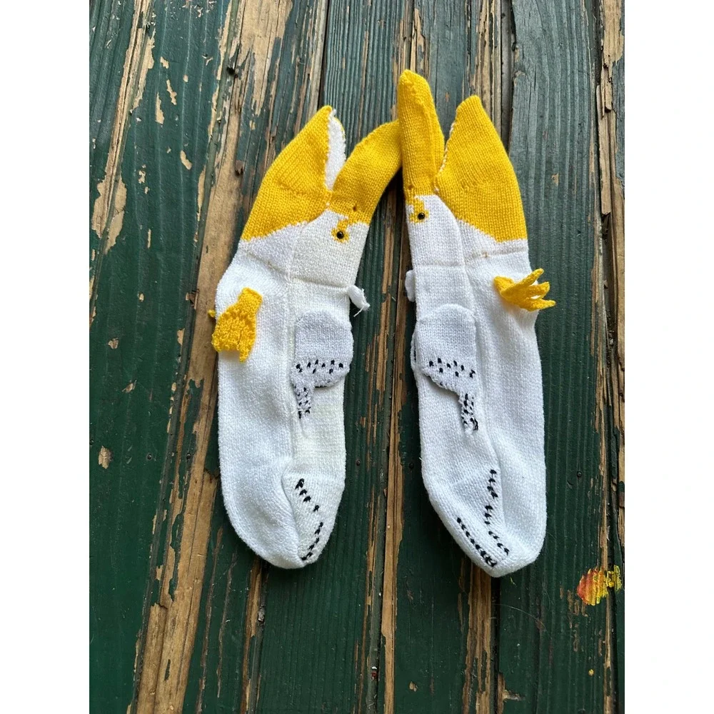 Novelty Cockatiel Bird Knit Socks White Yellow 3D Wing Crest Animal‎ Crew Socks